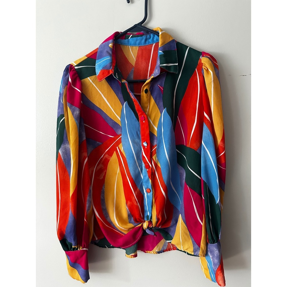 Vintage Style Abstract Tropical Leaf Print Tie Front Button Up Blouse Small